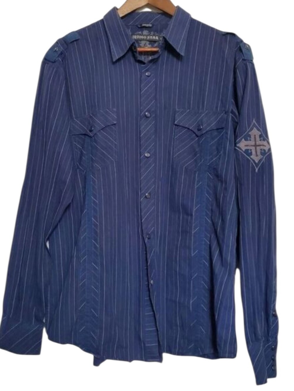 Indigo Star Western Guitar Graphic Shirt Size L Blue Pearl Snap Long Sleeve Mens